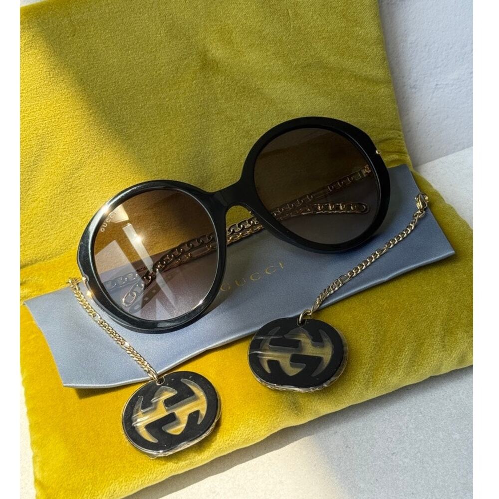 NEW Gucci GG0726S Black Earring Round Oversized Sunglasses - Picture 2 of 7